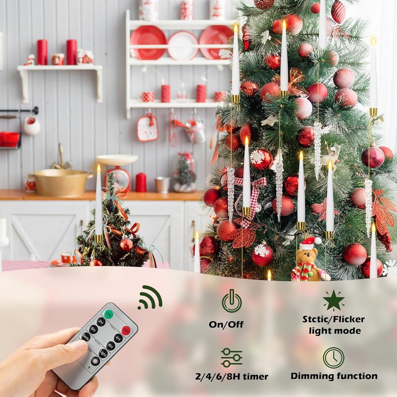 AFINETH Christmas Tree Candles with Remote, 12 Pack Battery Operated Christmas Candles, LED Candlesticks for Xmas Tree Decoration, Flickering Flameless Taper Candle for Home, Party Decor with Icicle Hooks - Image 4